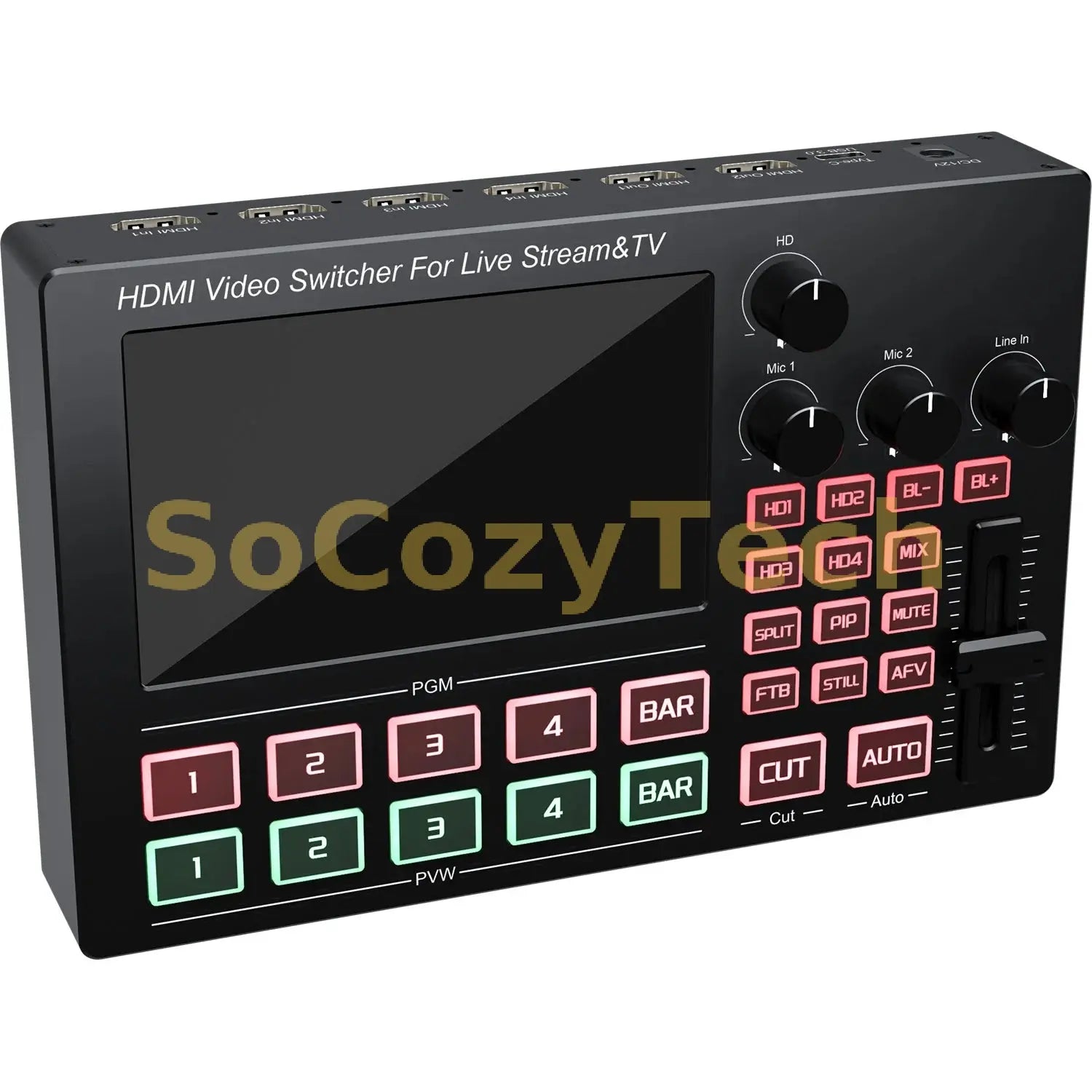 1080p60 4 Channel Camera Live Streaming Video Switcher with Screen Video Capture Card Mic Line in Audio Mixing Video Recording Socosytech