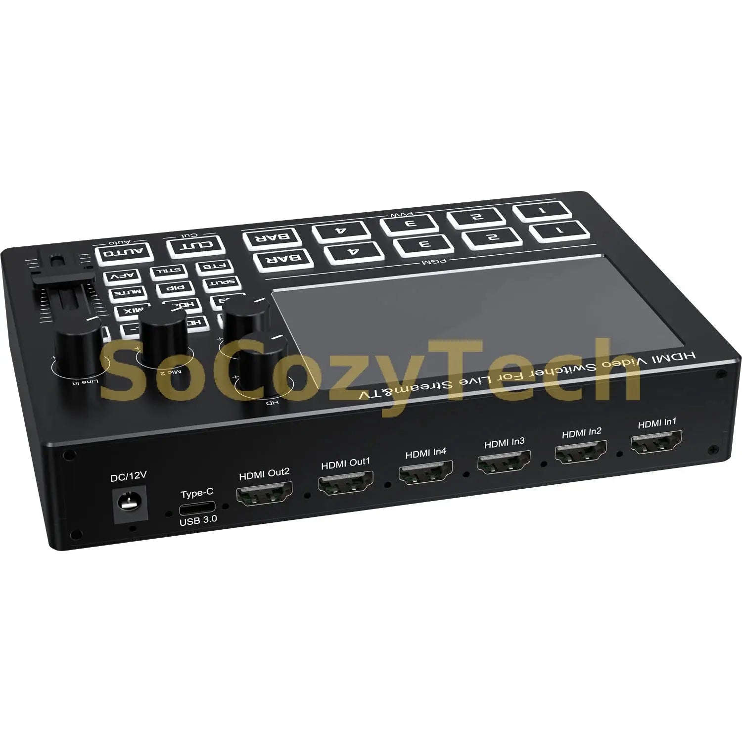 1080p60 4 Channel Camera Live Streaming Video Switcher with Screen Video Capture Card Mic Line in Audio Mixing Video Recording Socosytech