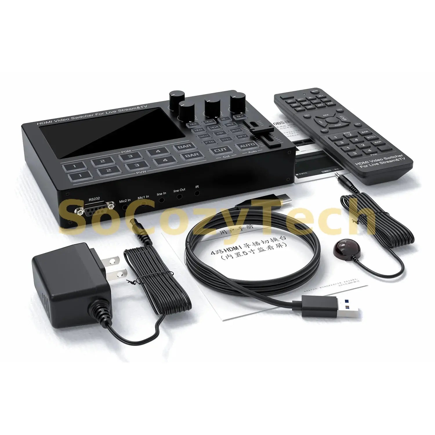 1080p60 4 Channel Camera Live Streaming Video Switcher with Screen Video Capture Card Mic Line in Audio Mixing Video Recording Socosytech