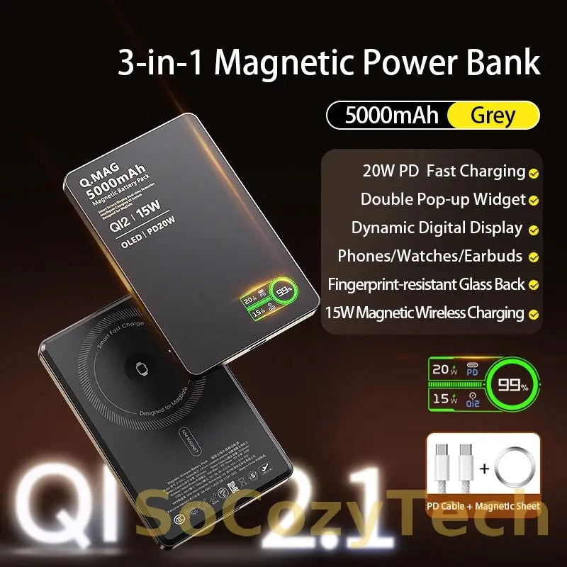 3 In 1 Magnetic Power Bank battery QI 15W Wireless Fast Charing With Intelligent  LCD Screen for iPhone 12-17 Pro Watch Airpods Socosytech
