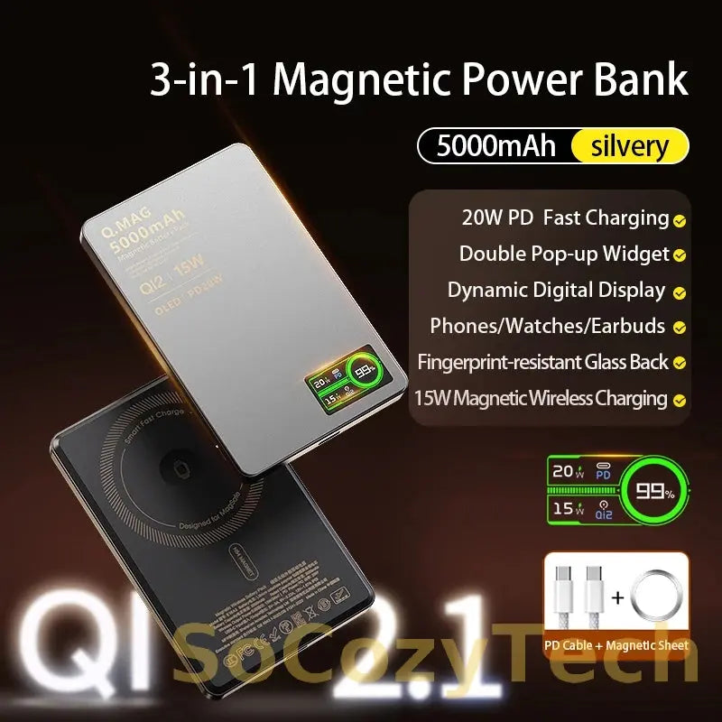3 In 1 Magnetic Power Bank battery QI 15W Wireless Fast Charing With Intelligent  LCD Screen for iPhone 12-17 Pro Watch Airpods Socosytech
