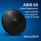 Robot aspirateur ABIR X8 noir avec capteur Lidar, 6500Pa, sur fond bleu dégradé premium SoCozyTech