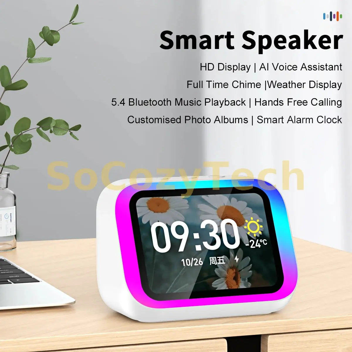 AI Smart Bluetooth 5.4 Speaker Voice assistant HDTouch Screen Display Electronic Album Alarm Clock Hi-fi Stereo Sound Socosytech