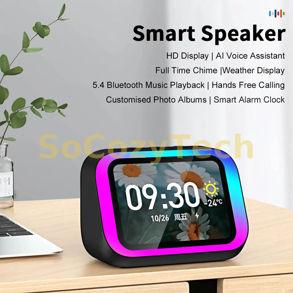 AI Smart Bluetooth 5.4 Speaker Voice assistant HDTouch Screen Display Electronic Album Alarm Clock Hi-fi Stereo Sound Socosytech