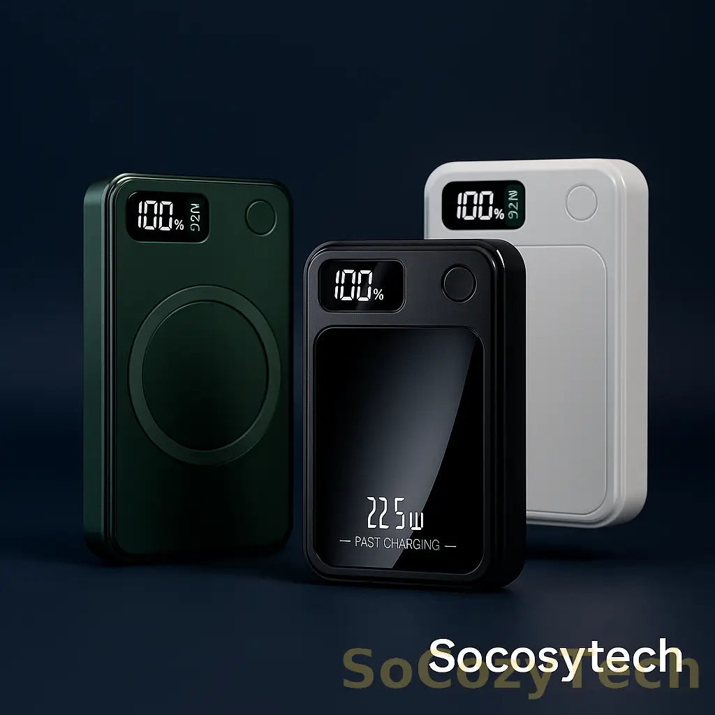 Batterie externe magnétique 30000mAh SoCozyTech, charge rapide 22.5W, modèles noir, blanc et vert en studio premium.
