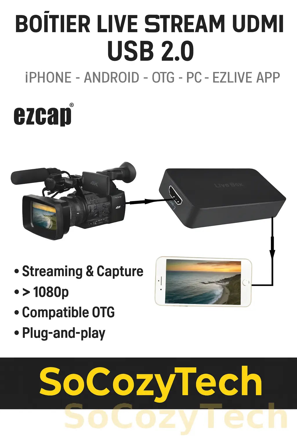 Boîtier Live Stream HDMI – Capture USB 2.0 pour Smartphone & PC (1080p) Socosytech