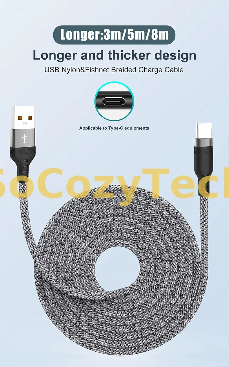 Câble USB-C 6A – Charge Ultra-Rapide & Tressage Renforcé (3m à 8m) SoCozyTech