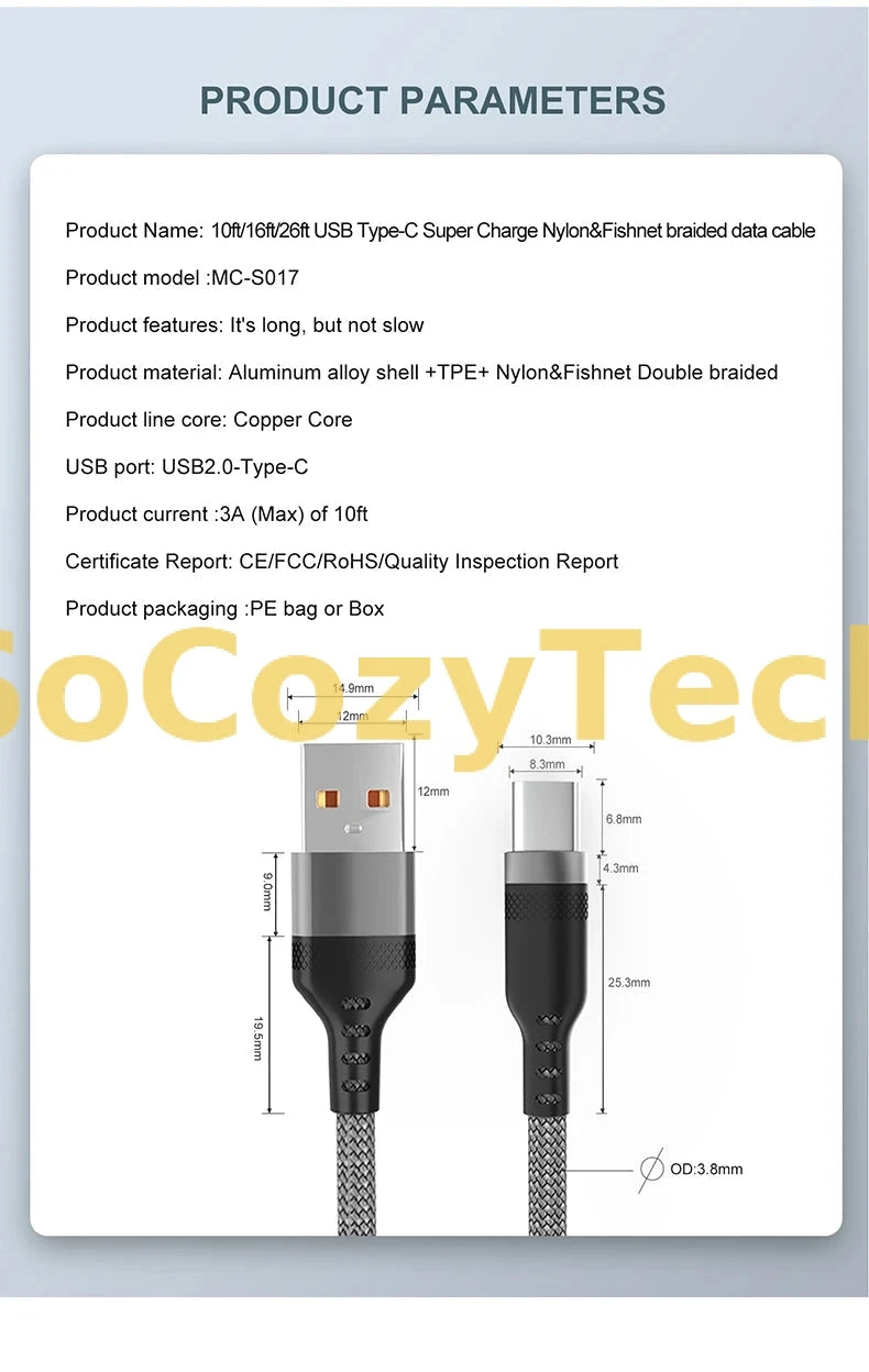 Câble USB-C 6A – Charge Ultra-Rapide & Tressage Renforcé (3m à 8m) SoCozyTech
