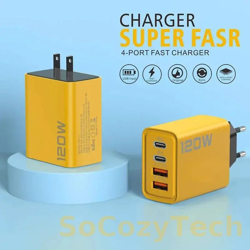 Chargeur 120W – 4 Ports USB & USB-C | Super Charge Rapide Socosytech