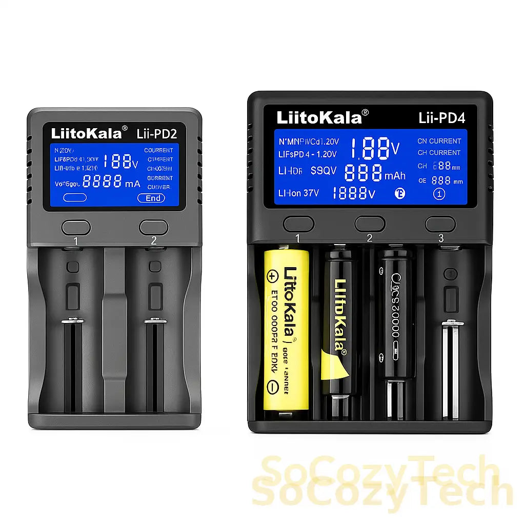 Chargeur LiitoKala Lii-PD2 et Lii-PD4 avec écran LCD – Compatible 18650, AA, AAA, Li-ion, NiMH – SoCozyTech