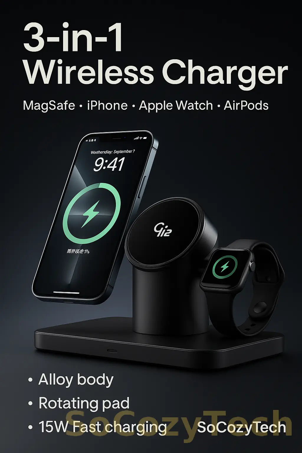 Chargeur MagSafe Qi2 3-en-1 – Station Sans Fil iPhone • Apple Watch • AirPods (15W) - Socosytech