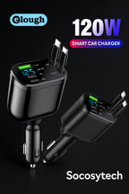 Chargeur voiture 120W Elough noir premium avec double USB-C, câbles rétractables et affichage LED – Socosytech