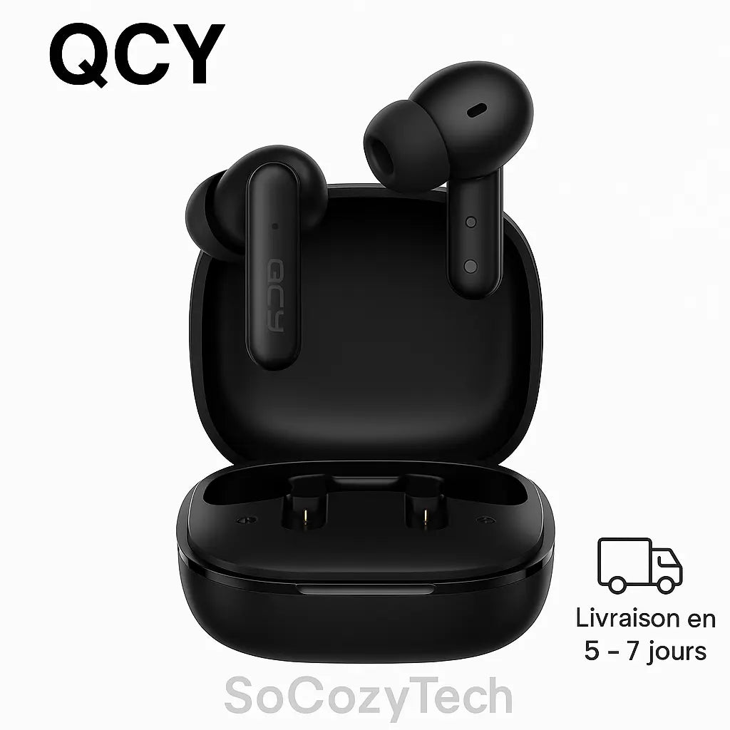Écouteurs QCY HT05 ANC noirs avec boîtier – Réduction de bruit 40 dB, Bluetooth 5.2 – Livraison 5 à 7 jours