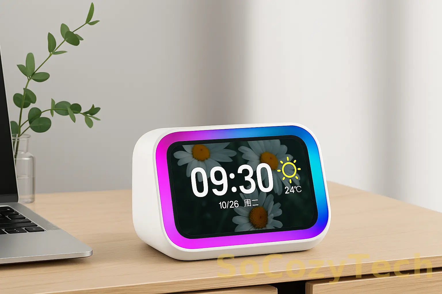 Enceinte Bluetooth 5.4 HD à Écran Tactile – Réveil Intelligent, Assistant Vocal, Album Photo Socosytech