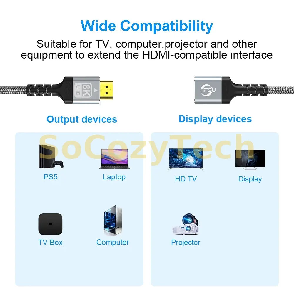 FSU 8K HDMI-compatible Extender cable,Male to Female Adapter,4K@120Hz 8K@60Hz 2.1 48Gbps,Compatible with PS5,PS4,TV PC,Blu-ray Socosytech