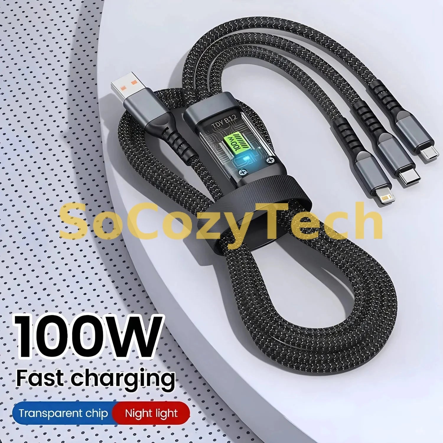 FlexCharge™ — Câble de Charge Rapide 100W 3-en-1 (USB-C / Lightning / Micro-USB) SoCozyTech