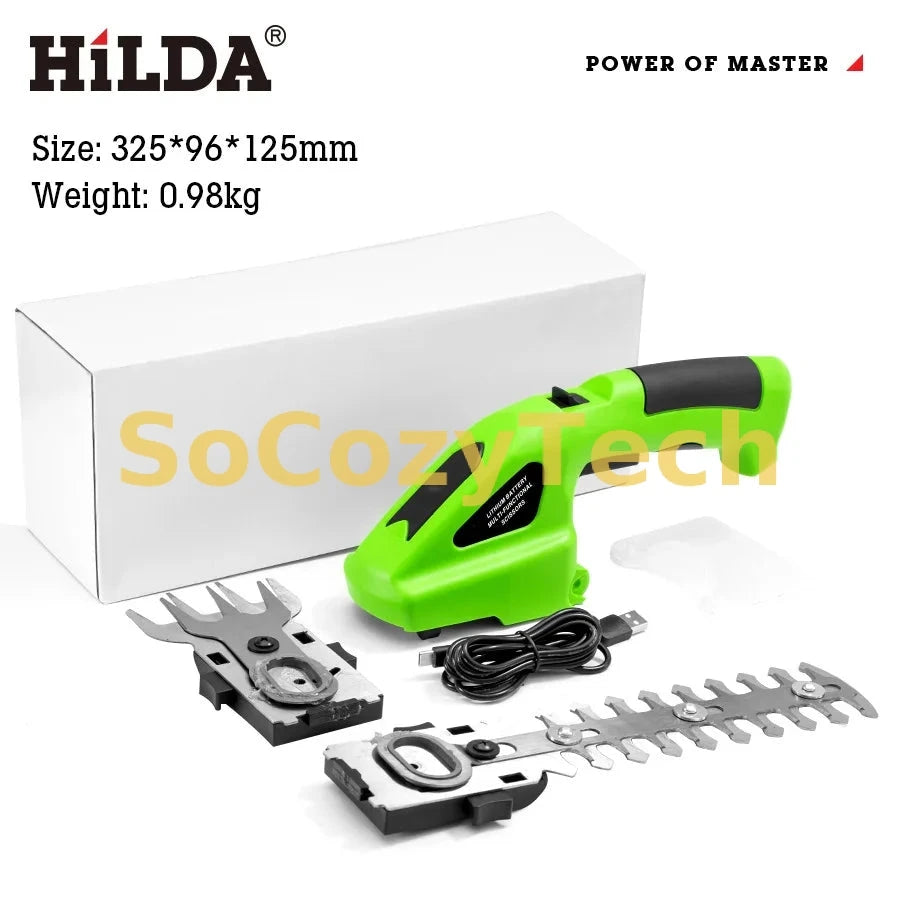 HILDA 2-in-1 Handheld Hedge Trimmer Electric Grass Trimmer Lightweight Shrub Trimmer Green Garden Bush Trimmer Cordless Socosytech