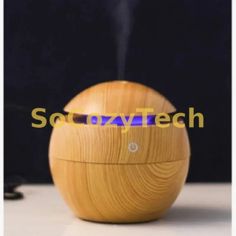 Humidificateur d’Air Sphérique Effet Bois – Diffuseur d’Huiles Essentielles USB & Purificateur d’Air SoCozyTech