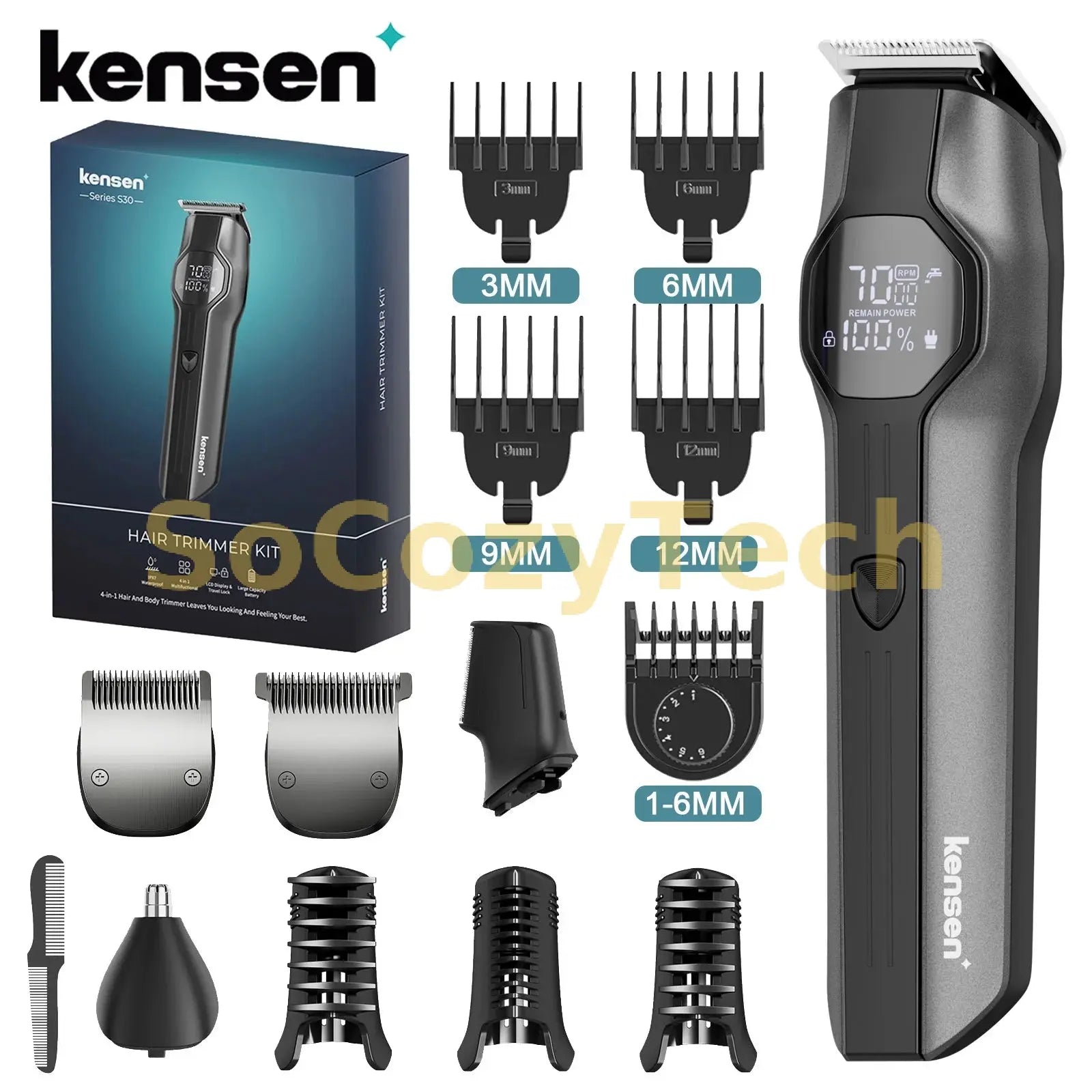 Kensen S30 4 in 1 Cordless Hair Clipper LED Display Men Beard/Nose Trimmer Rechargeable Barber Grooming Kit Hair Cutting Machine Socosytech