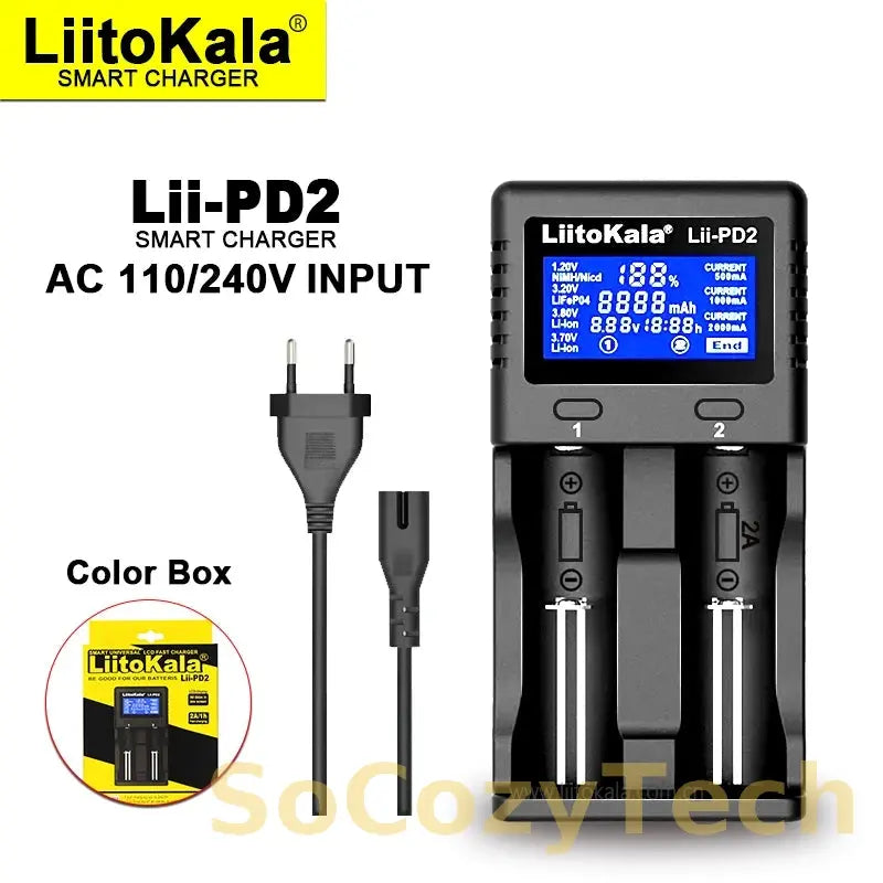 Liitokala Lii-PD4 Lii-PD2 18650 Battery Charger for 1.2V 3.7V NiMH 26650 21700 18350 18500 14500 AA AAA LiFePO4 Batteries Socosytech