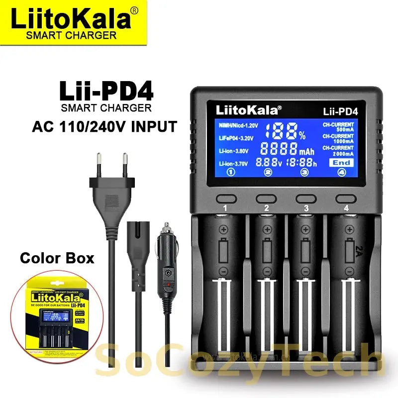 Liitokala Lii-PD4 Lii-PD2 18650 Battery Charger for 1.2V 3.7V NiMH 26650 21700 18350 18500 14500 AA AAA LiFePO4 Batteries Socosytech