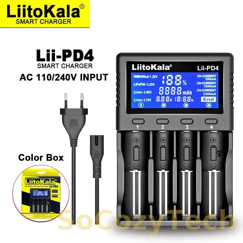 Liitokala Lii-PD4 Lii-PD2 18650 Battery Charger for 1.2V 3.7V NiMH 26650 21700 18350 18500 14500 AA AAA LiFePO4 Batteries Socosytech