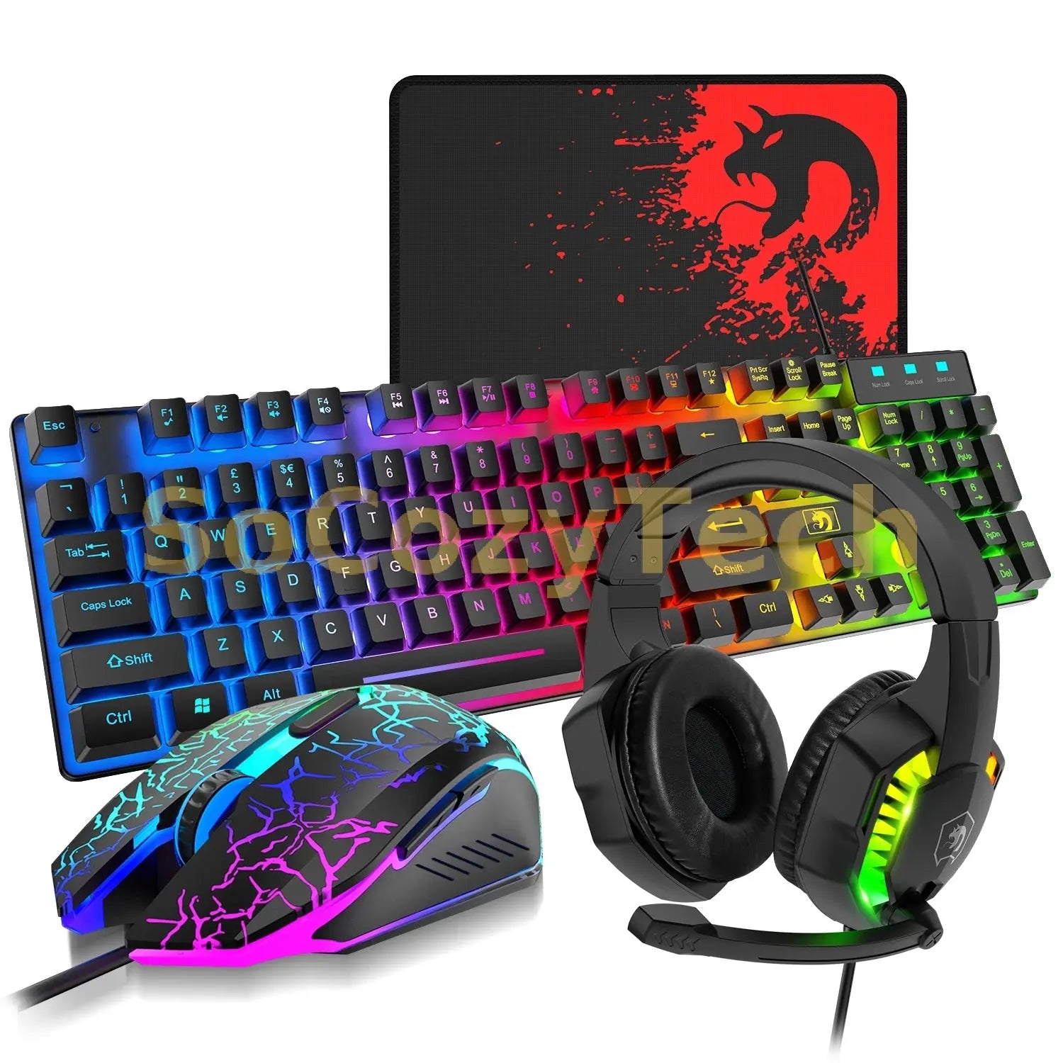 MANBASNAKE T11 Wired Gaming Keyboard and Mouse Headset Combo,Rainbow LED Backlit Wired Keyboard Socosytech