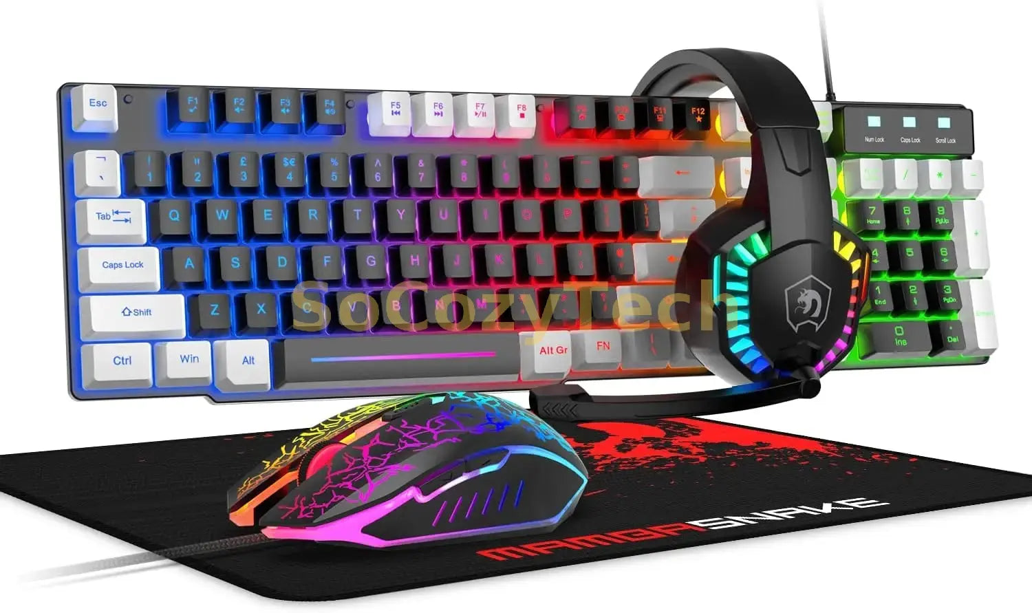 MANBASNAKE T11 Wired Gaming Keyboard and Mouse Headset Combo,Rainbow LED Backlit Wired Keyboard Socosytech