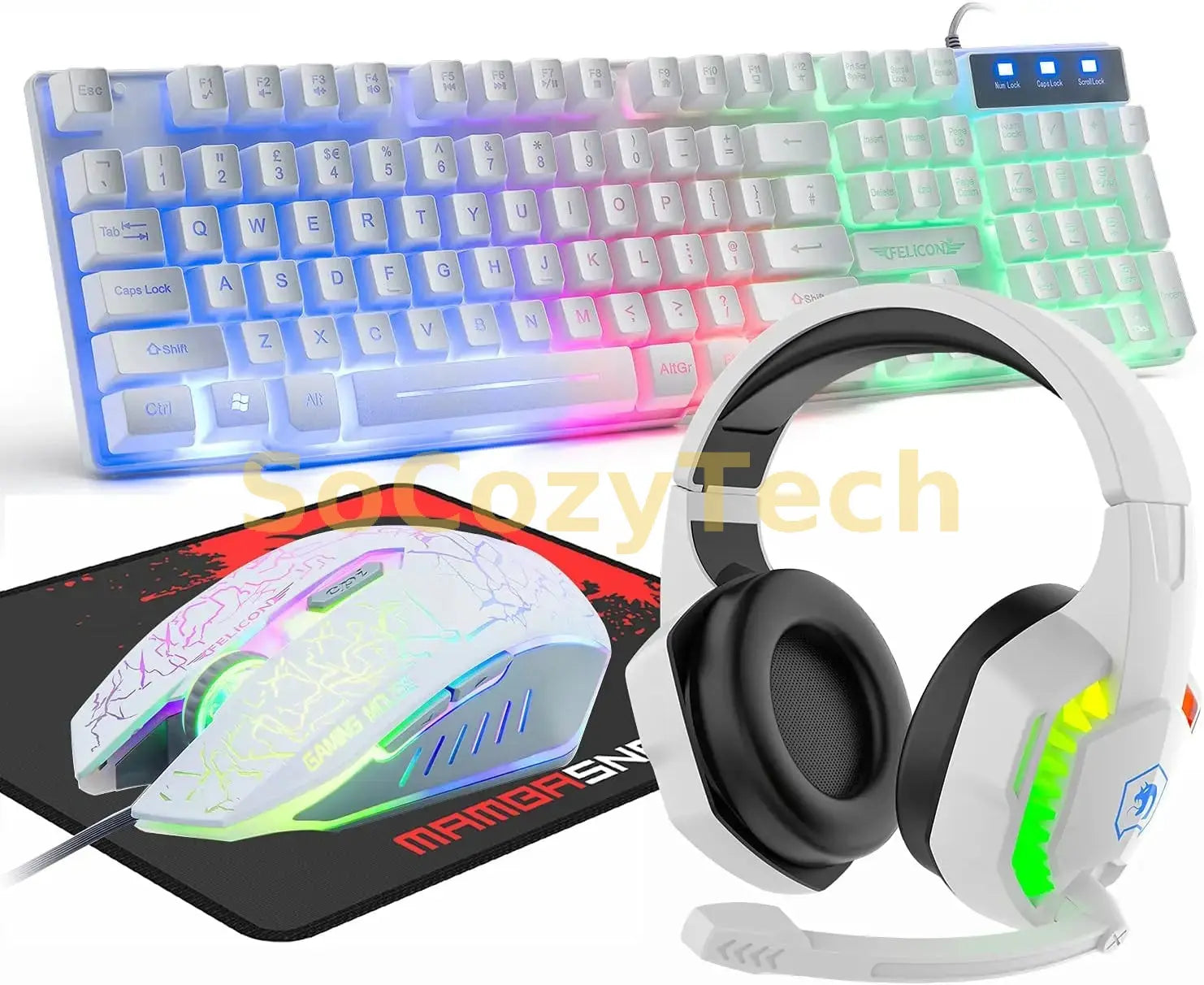 MANBASNAKE T11 Wired Gaming Keyboard and Mouse Headset Combo,Rainbow LED Backlit Wired Keyboard Socosytech