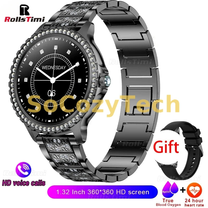 Montre Connectée Luxe Femme – Acier Inoxydable, Appels & Santé, Cadran HD 1.32” Socosytech