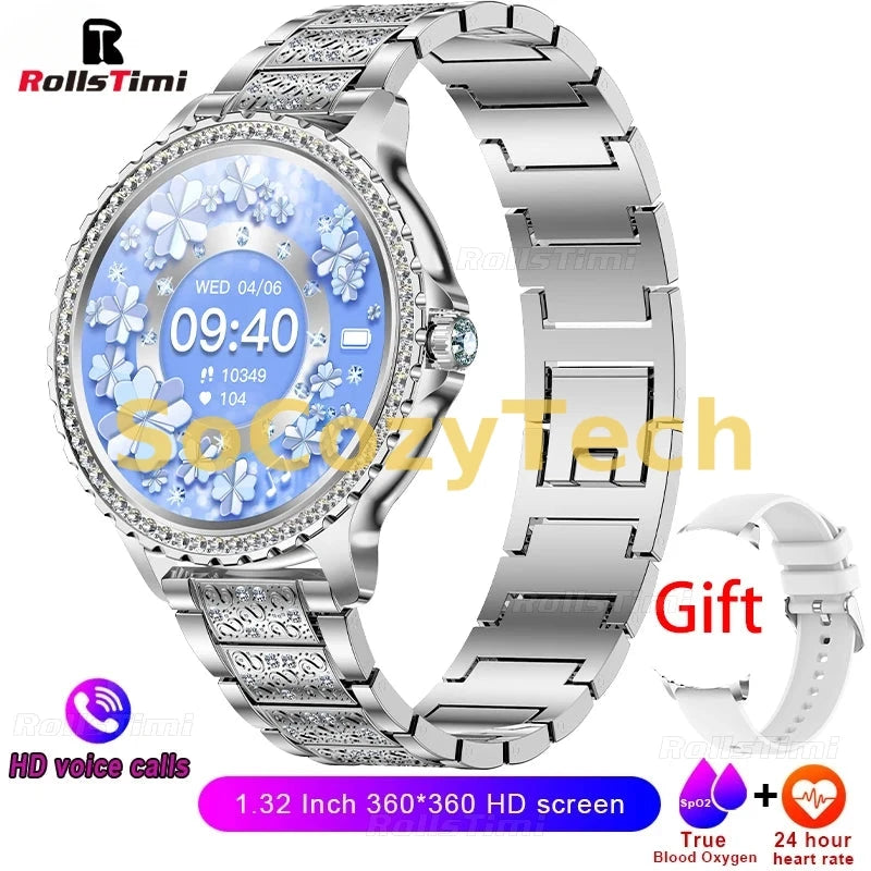 Montre Connectée Luxe Femme – Acier Inoxydable, Appels & Santé, Cadran HD 1.32” Socosytech