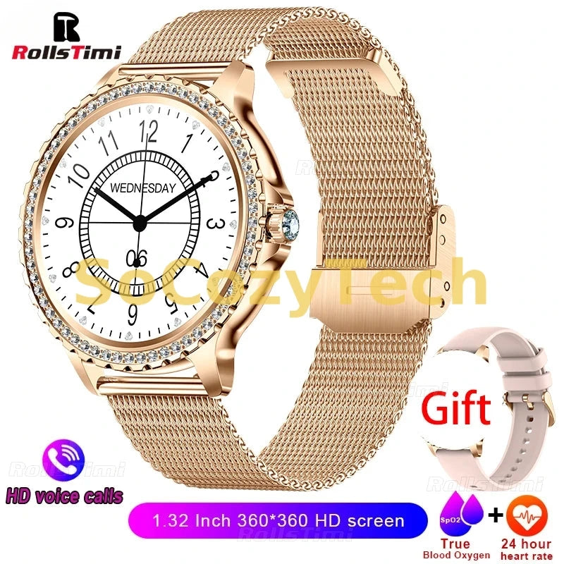 Montre Connectée Luxe Femme – Acier Inoxydable, Appels & Santé, Cadran HD 1.32” Socosytech