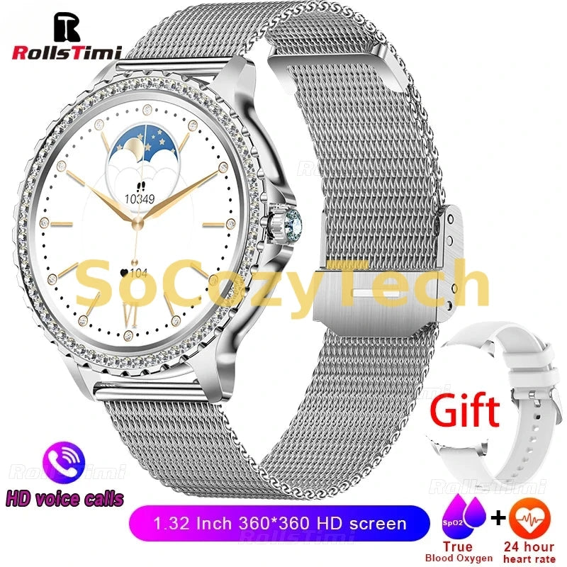 Montre Connectée Luxe Femme – Acier Inoxydable, Appels & Santé, Cadran HD 1.32” Socosytech