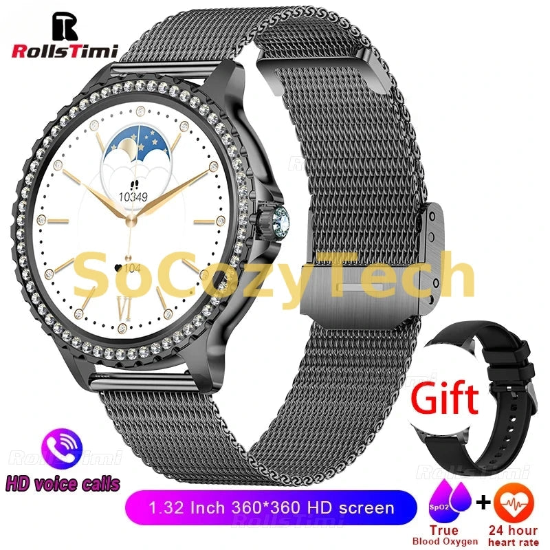 Montre Connectée Luxe Femme – Acier Inoxydable, Appels & Santé, Cadran HD 1.32” Socosytech