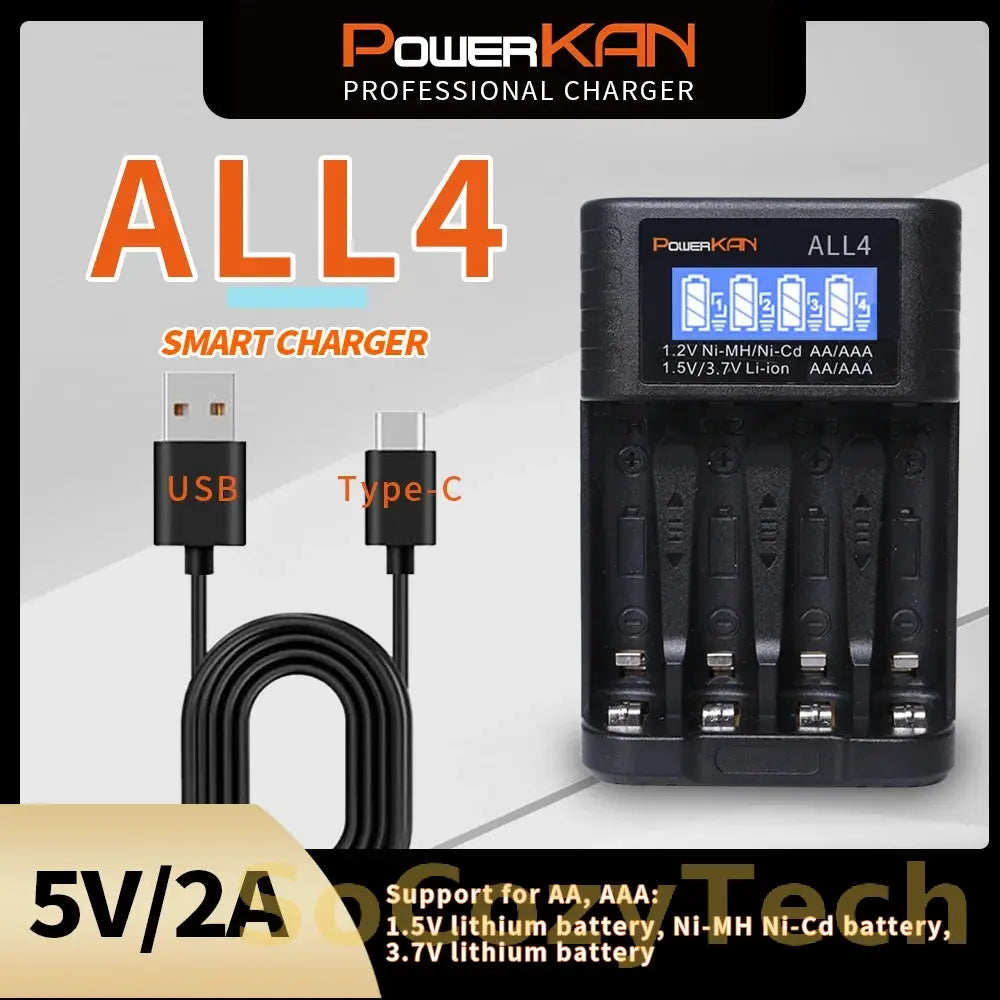 POWERKAN ALL4 AA/AAA 4-slot Small Convenient Battery Charger for 1.2V  Hi-MH& 1.5V/3.7VLi-ion With LCD Screen Socosytech