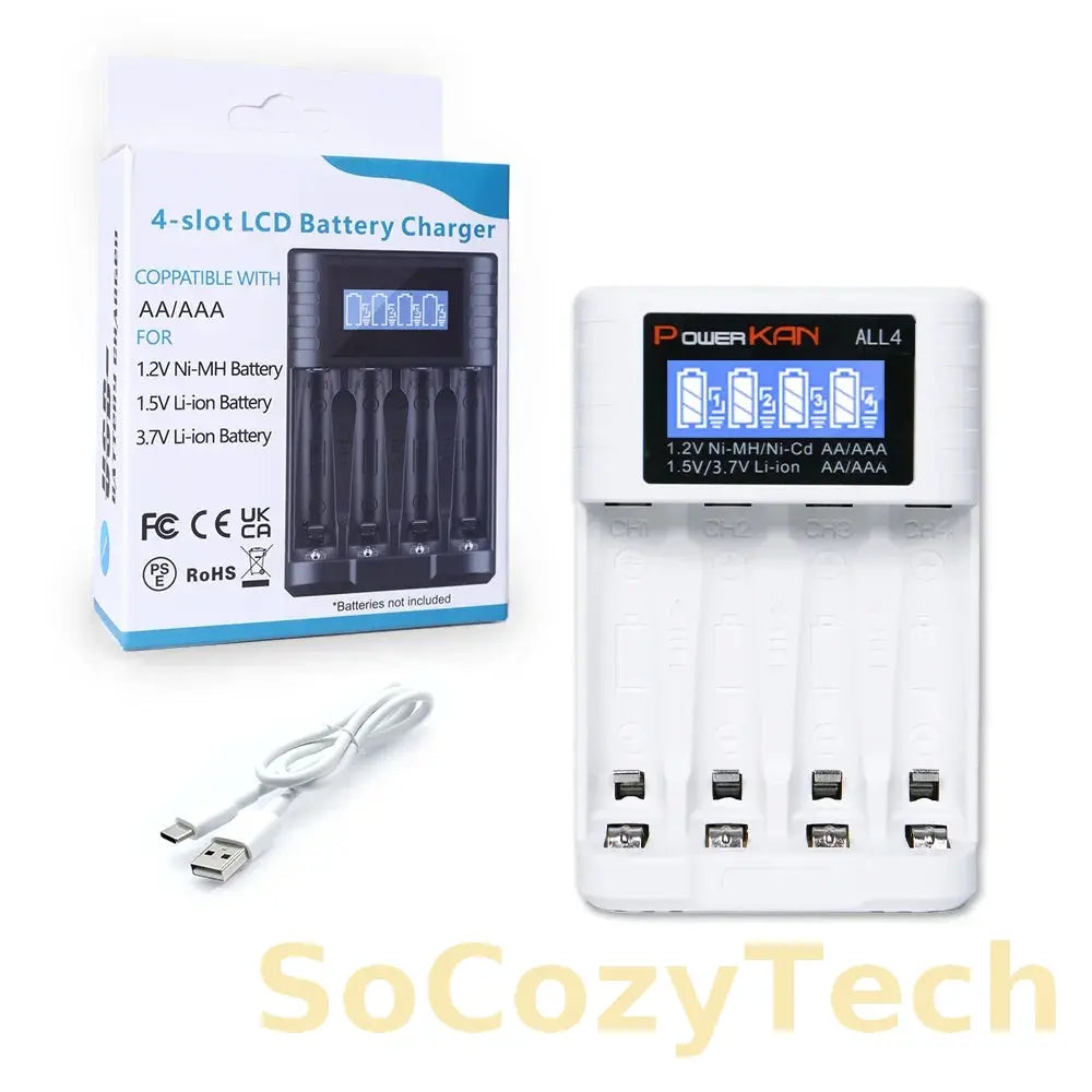 POWERKAN ALL4 AA/AAA 4-slot Small Convenient Battery Charger for 1.2V  Hi-MH& 1.5V/3.7VLi-ion With LCD Screen Socosytech