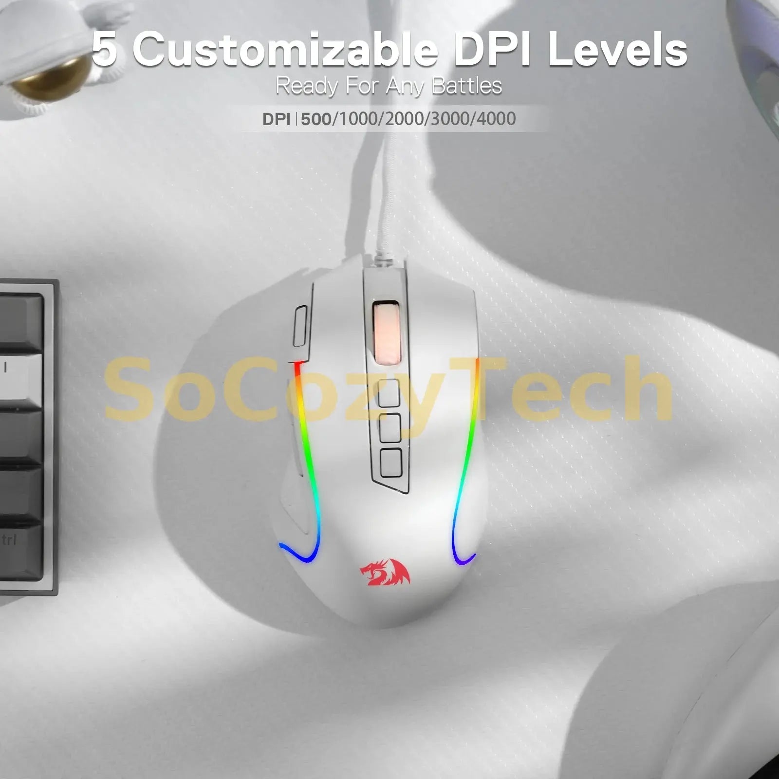 Redragon M612 Predator RGB Gaming Mouse 8000 DPI Wired Optical with 11 Programmable Buttons, White Socosytech