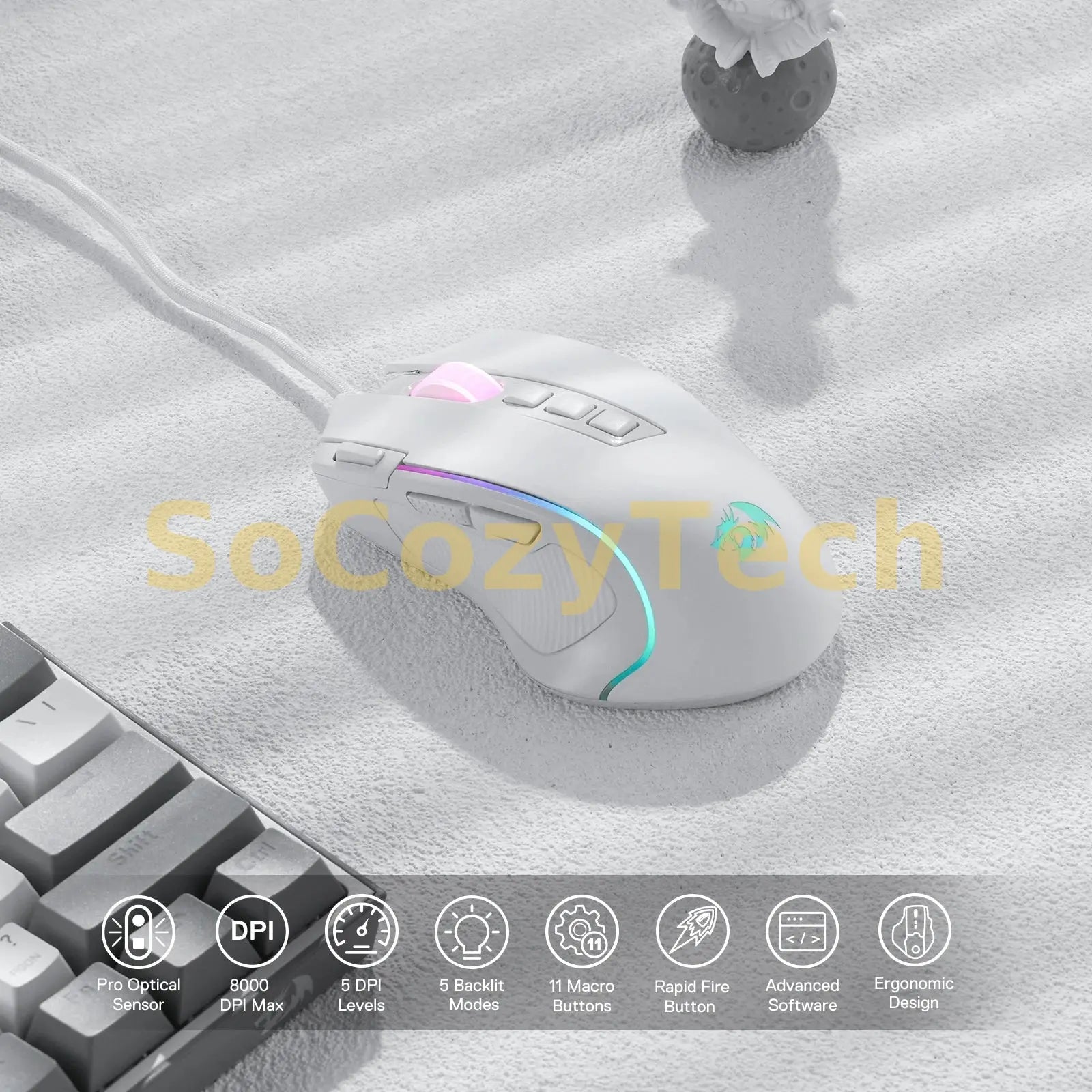 Redragon M612 Predator RGB Gaming Mouse 8000 DPI Wired Optical with 11 Programmable Buttons, White Socosytech