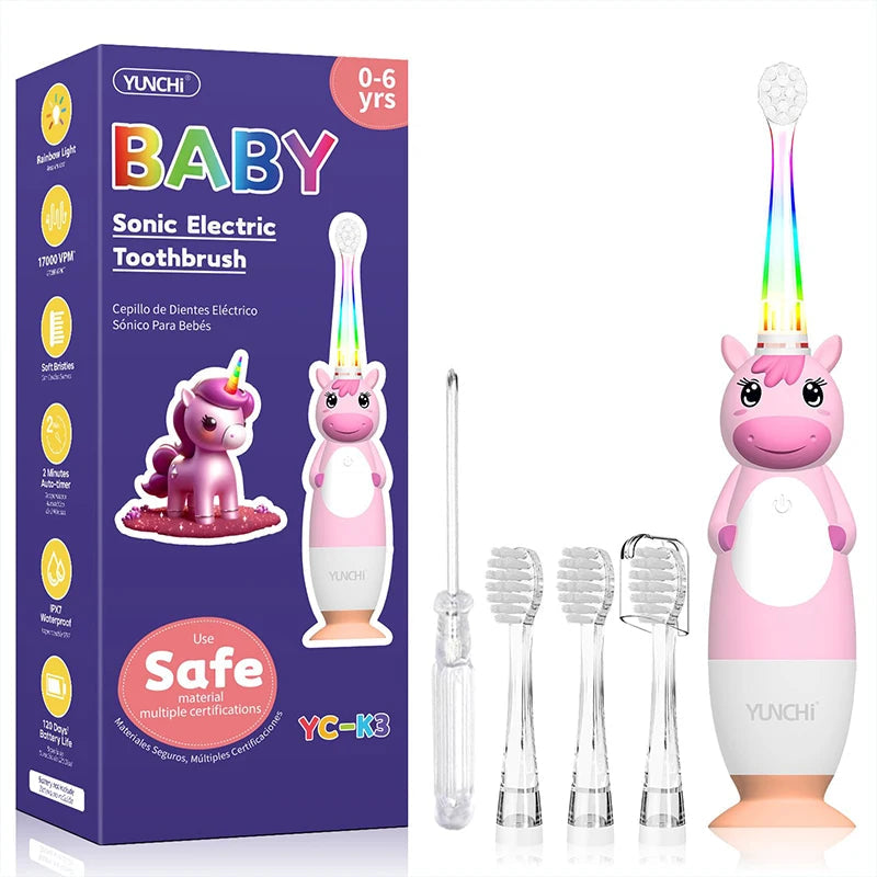 Toddler Sonic Electric Toothbrush for Baby with Cute Unicorn Cover and Smart LED Timer Soft Microfiber Bristles 4 Brush Heads Socosytech