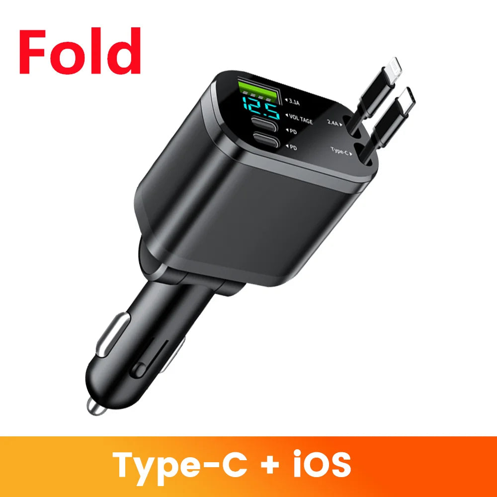 Chargeur Voiture 5-en-1 120W USB-C & Lightning Rétractable | Elough