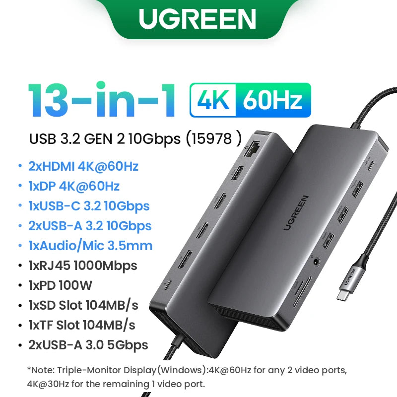 UGREEN Hub USB-C 5–13-en-1 – HDMI 8K / RJ45 10Gbps / USB 3.0 / PD 100W