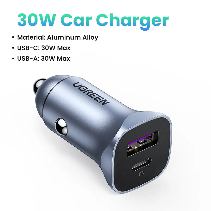 Chargeur voiture USB-C 30W – Charge rapide PD/QC – UGREEN