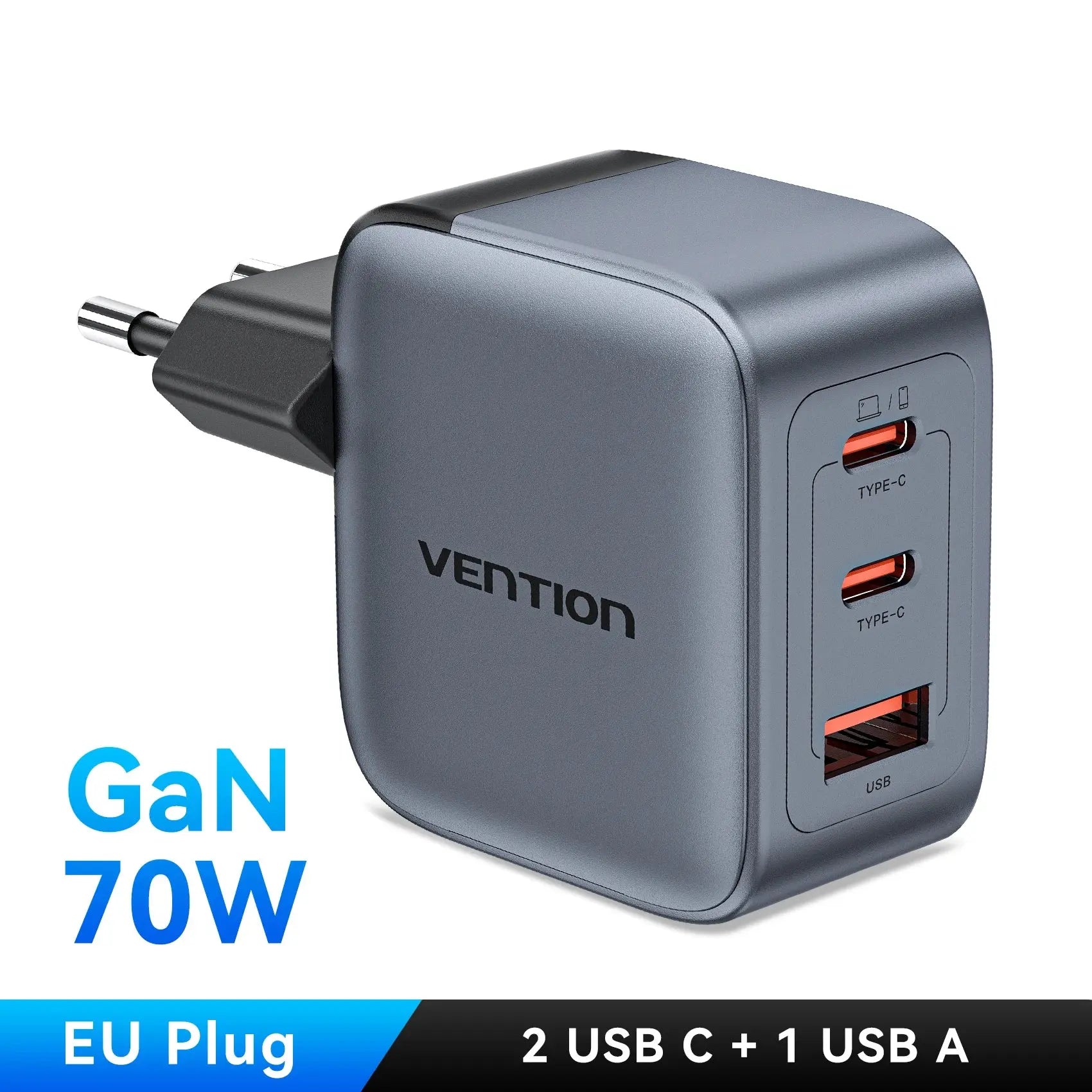 Chargeur GaN 70W Triple Port USB-C / USB-A–Vention Socosytech