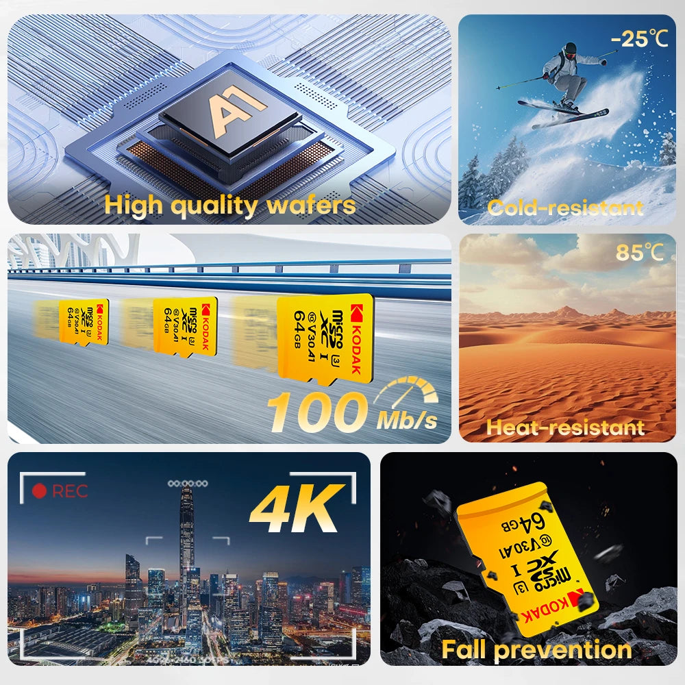 Carte Micro SD Haute Vitesse U3 V30 – 32GB à 256GB + Adaptateur – Kodak