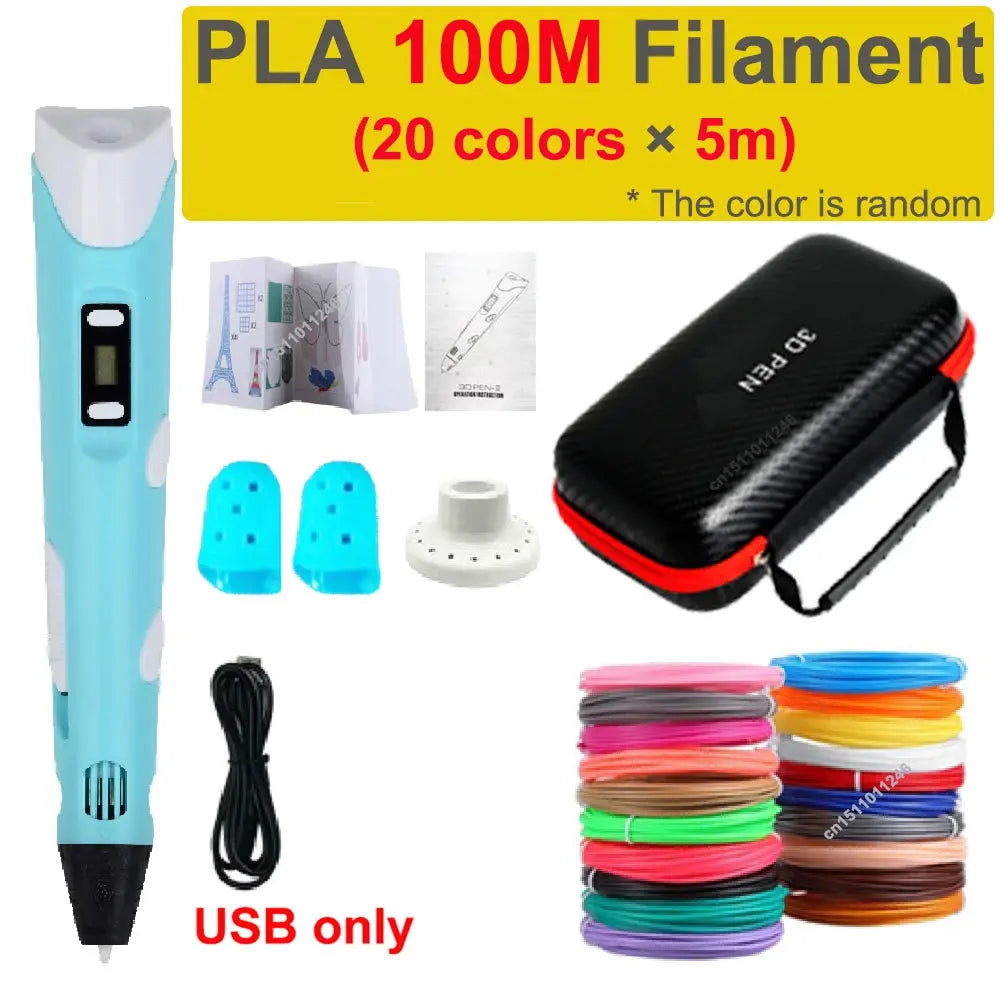 Stylo 3D + Kit Filaments PLA – Enfants & Créatifs – 100M/120M – USB/EU – YunlinLi (voir option ci dessous) - Socosytech