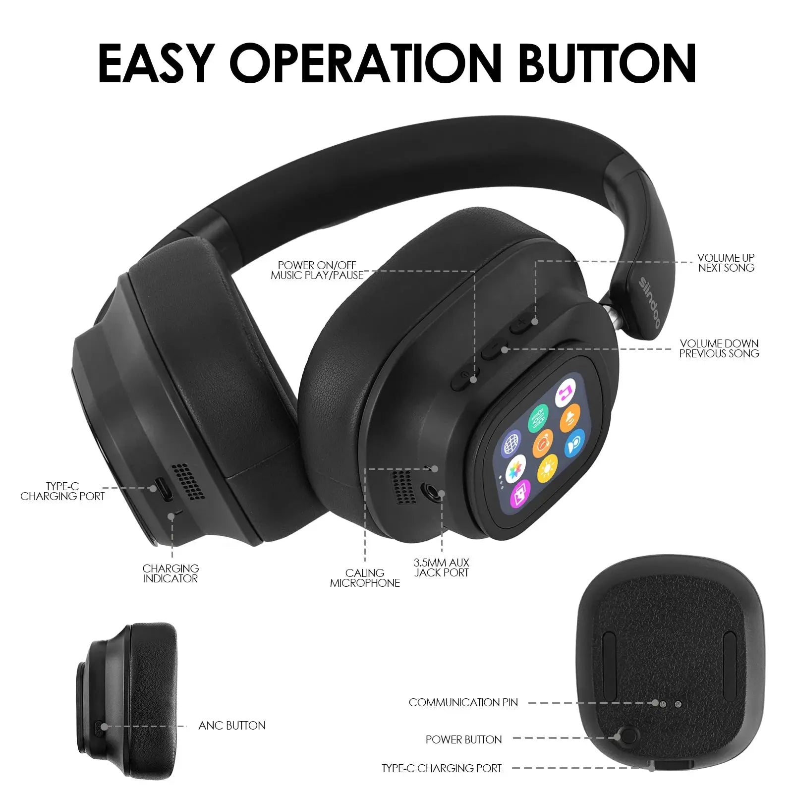 Casque Bluetooth ANC à Écran Tactile – Réduction de Bruit Active 33 dB | Siindoo JH-ANC930Plus Socosytech