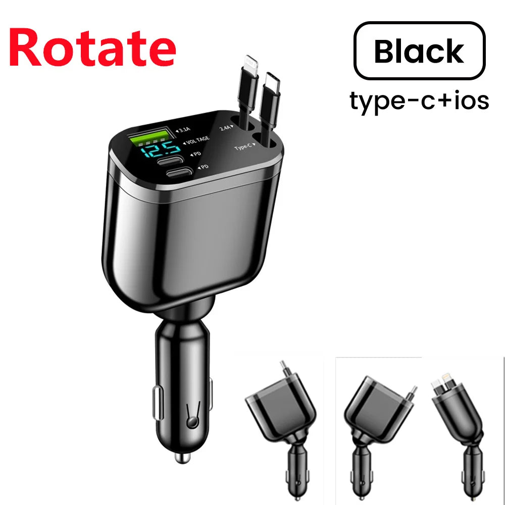 Chargeur Voiture 5-en-1 120W USB-C & Lightning Rétractable | Elough