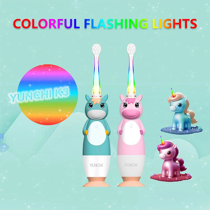 Toddler Sonic Electric Toothbrush for Baby with Cute Unicorn Cover and Smart LED Timer Soft Microfiber Bristles 4 Brush Heads Socosytech