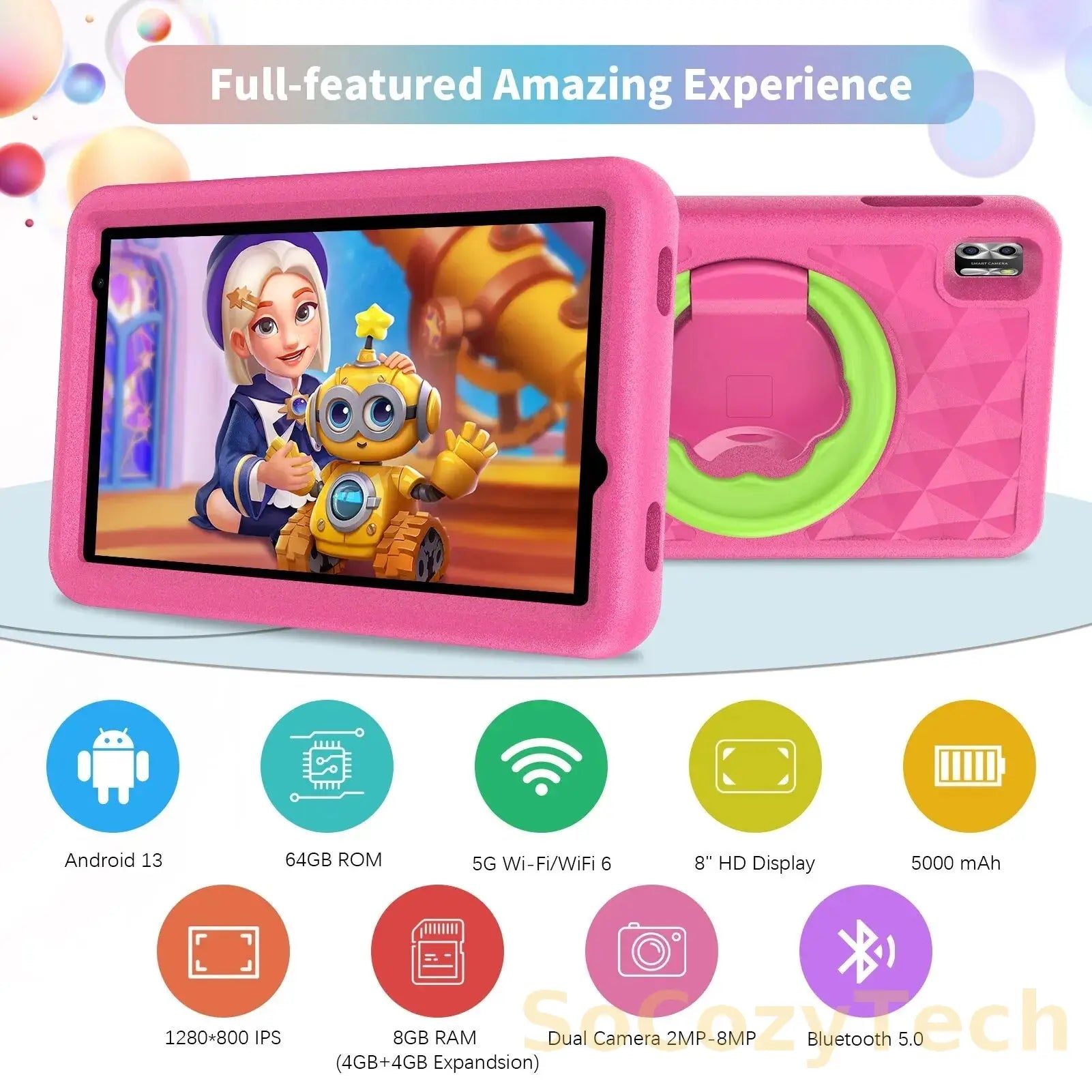 Tablette Enfant 8" Android 13 – RAM 8GB (4+4) + 64GB, WiFi, Contrôle Parental Socosytech