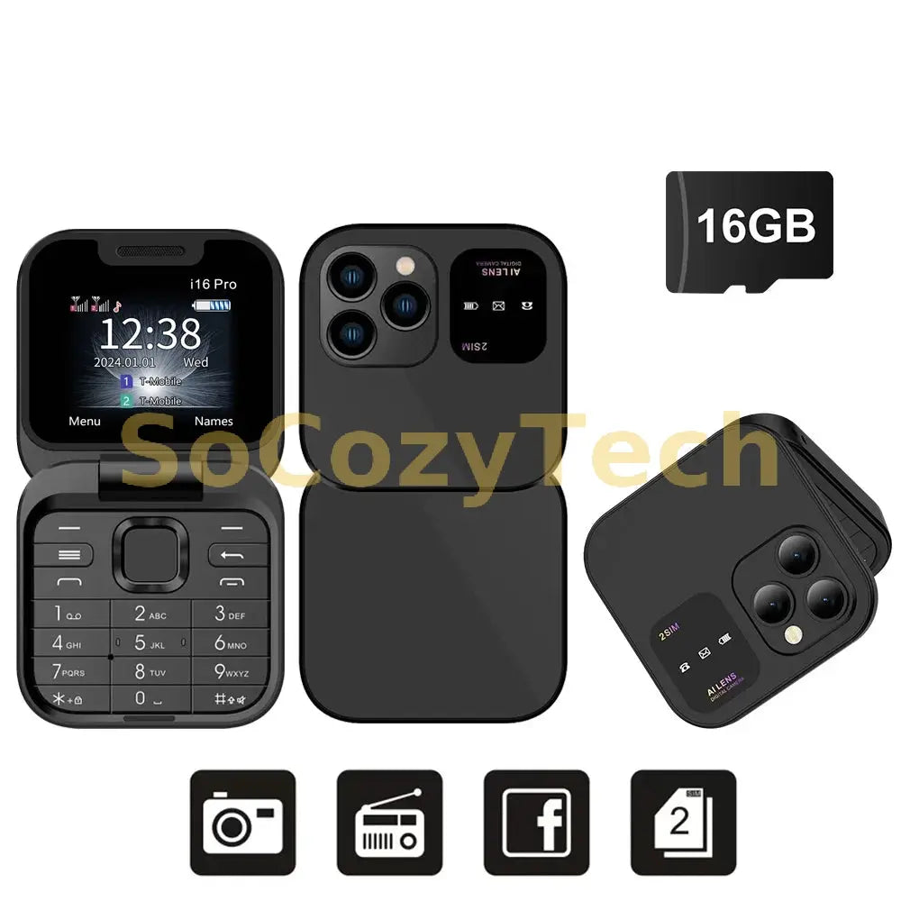 SERVO i16PRO 2G GSM Dual SIM Flip Mini Mobile Phone Auto Call Record Speed Dial Magic Voice FM Radio Small Fold Telephone Type-C Socosytech